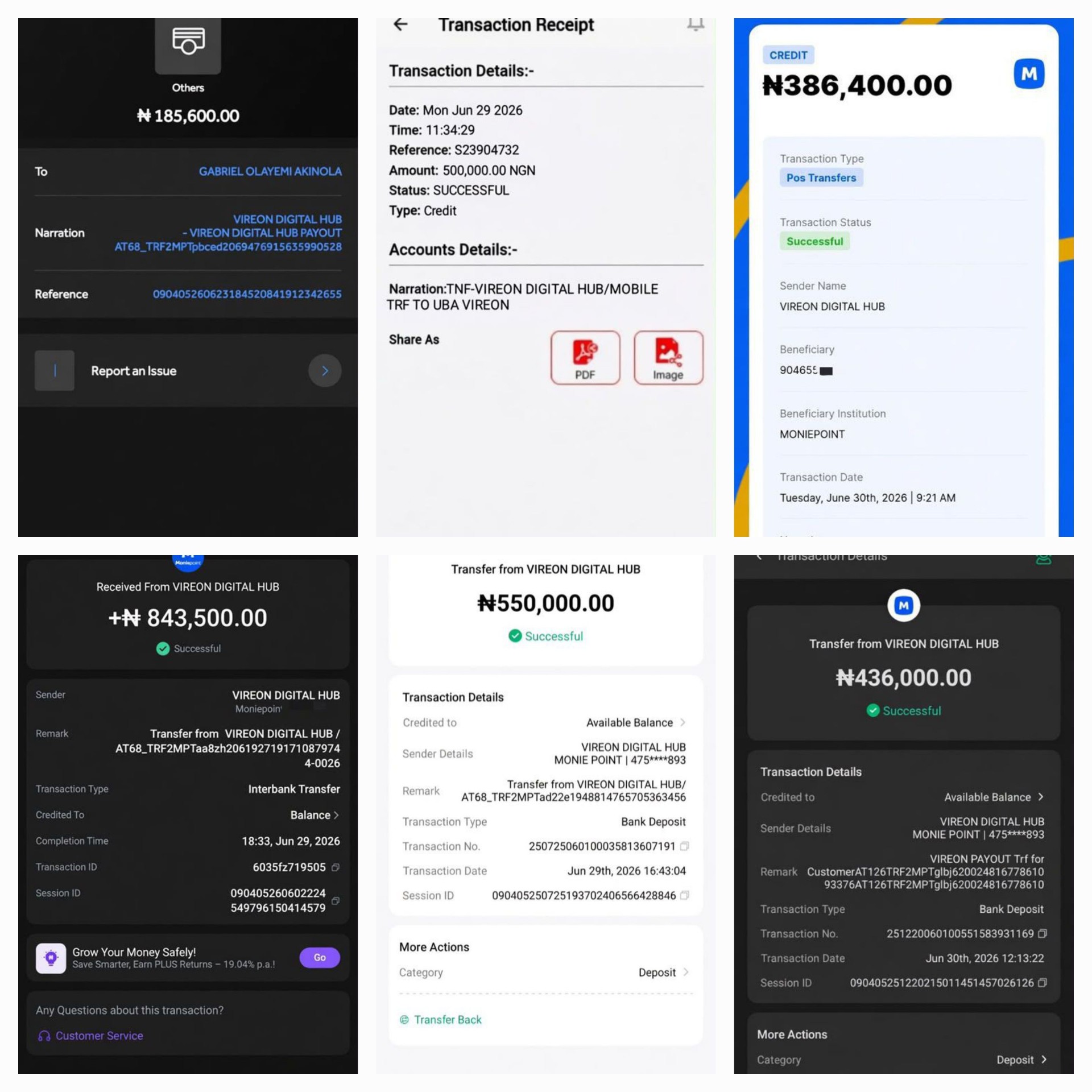Vireon platform withdrawal proofs — bank transfers and mobile payments