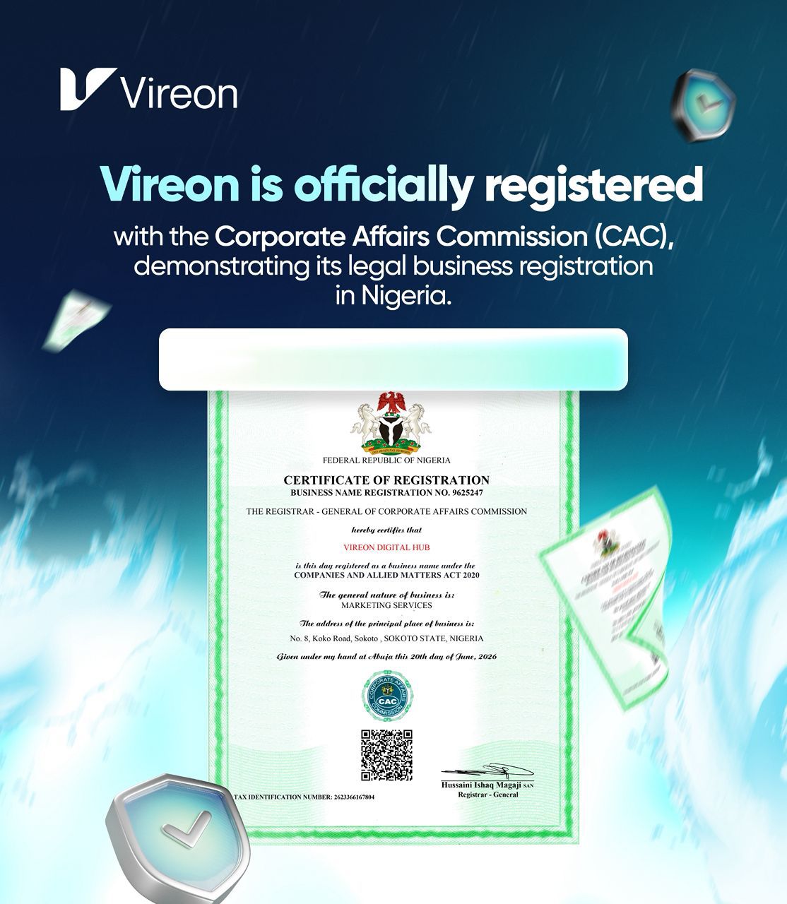 Vireon Digital Hub CAC certificate — legally registered Nigerian business